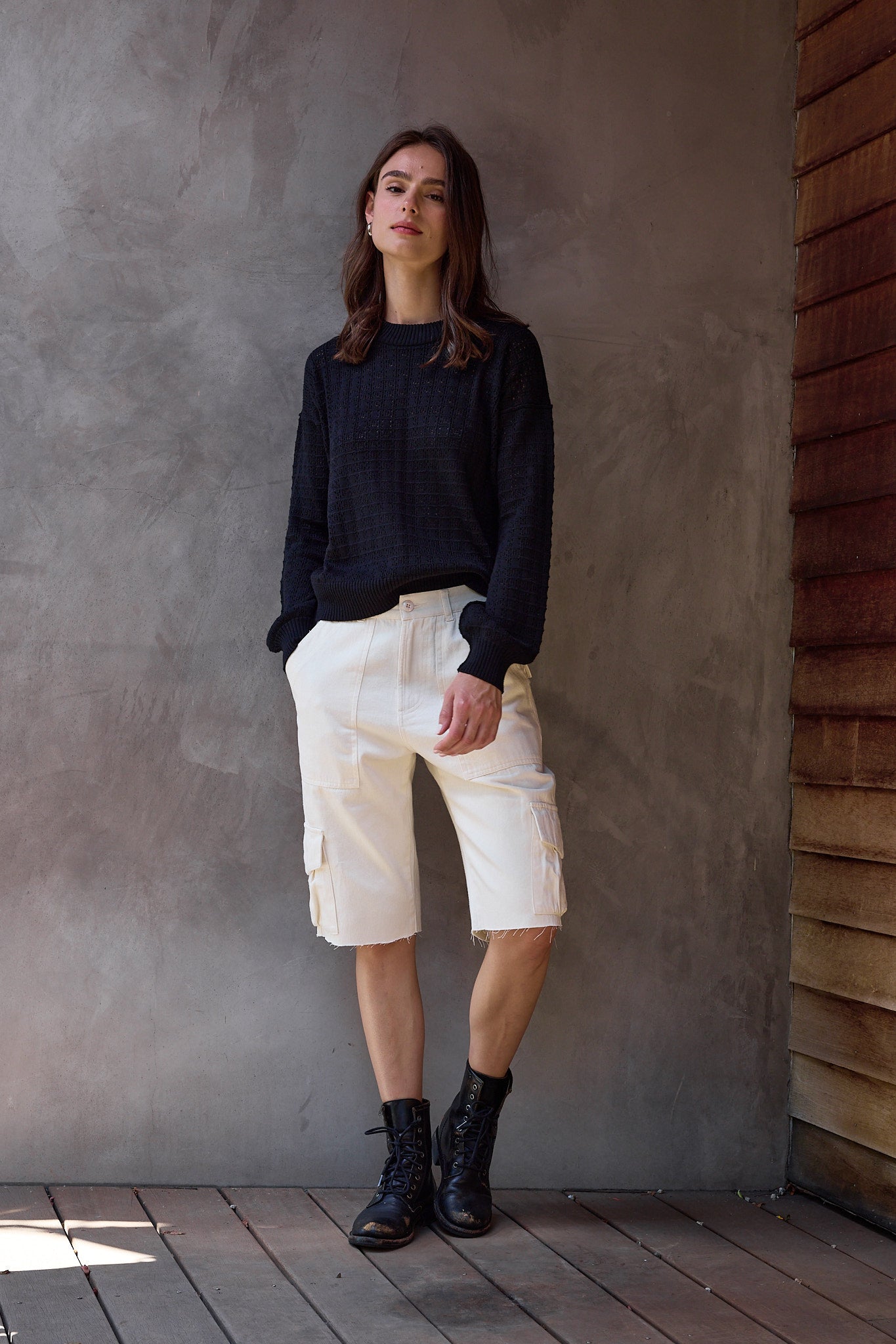 Estelle Viscose Blend Crochet Blouson Crew Sweater