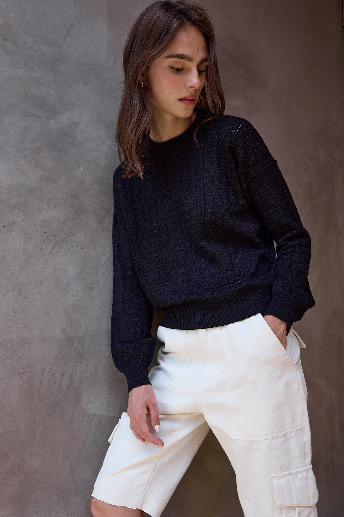 Estelle Viscose Blend Crochet Blouson Crew Sweater