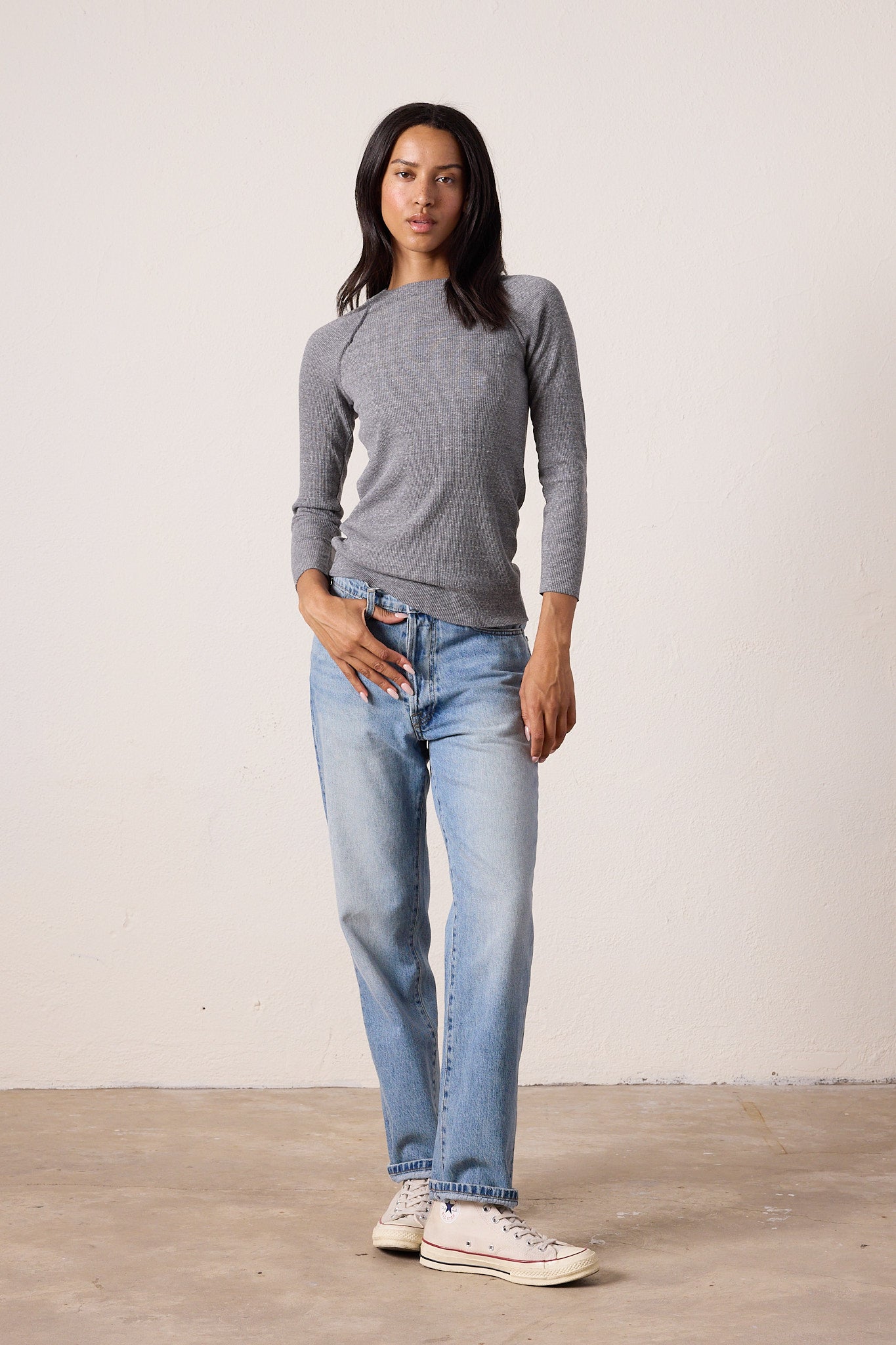 Aria Fitted Melange Rib Raglan Tee