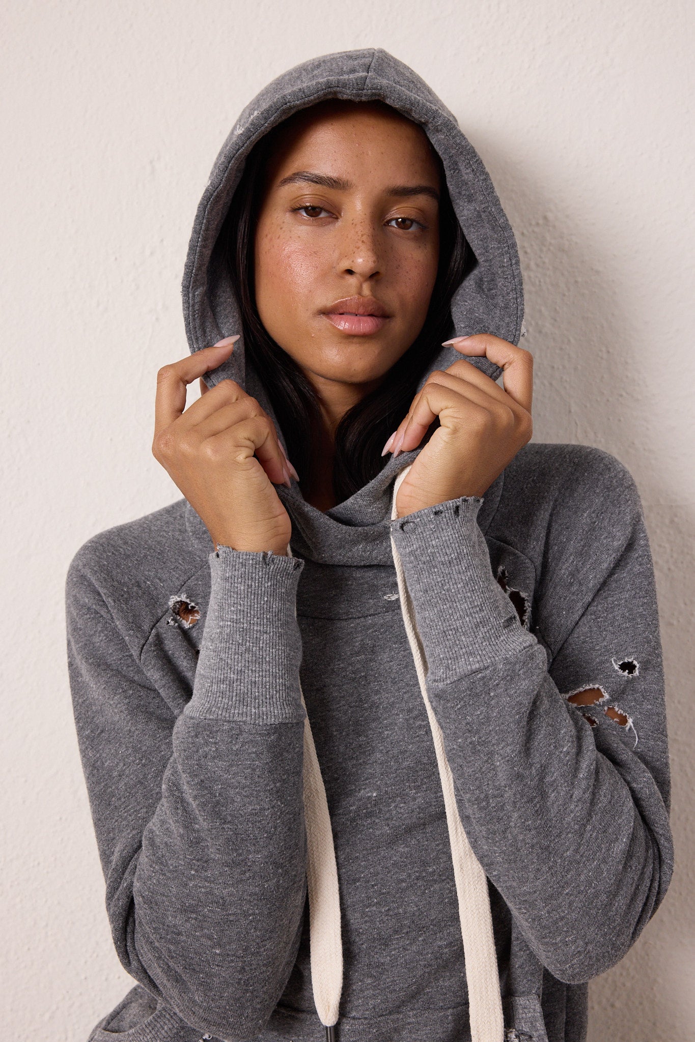 Lisse Fitted Destroyed Melange Terry Hoodie